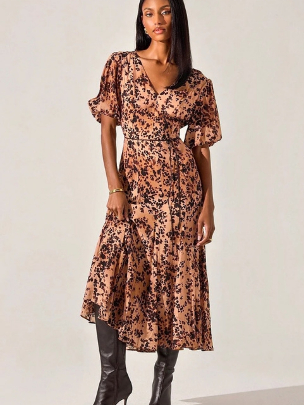 ASTR The Label Lavena V-Neck Puff Sleeve Midi Dress